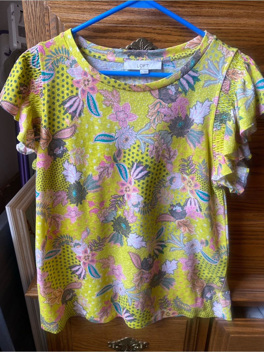 LOFT Short Sleeve Floral Tee in Yellow with Pink, Green and Blue Accents